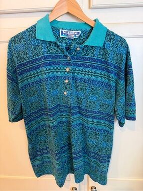 Vintage 90s men’s Teal Patterned Polo Shirt - Men's